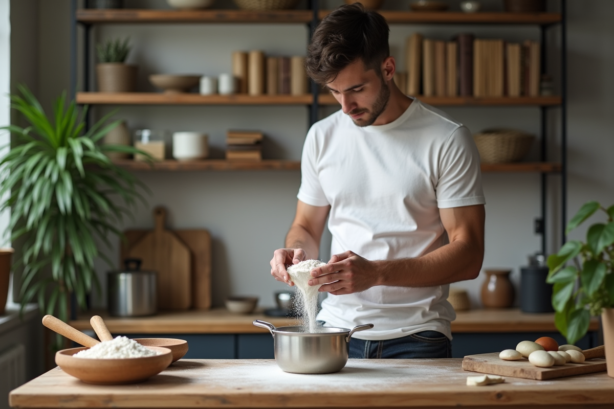 Jeune homme tamisant de la farine de riz sur une table rustique