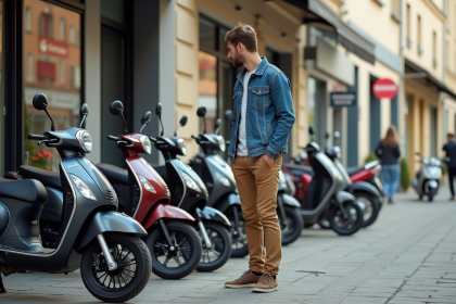 Jeune homme examine des motos 50cc devant un concessionnaire à Dax