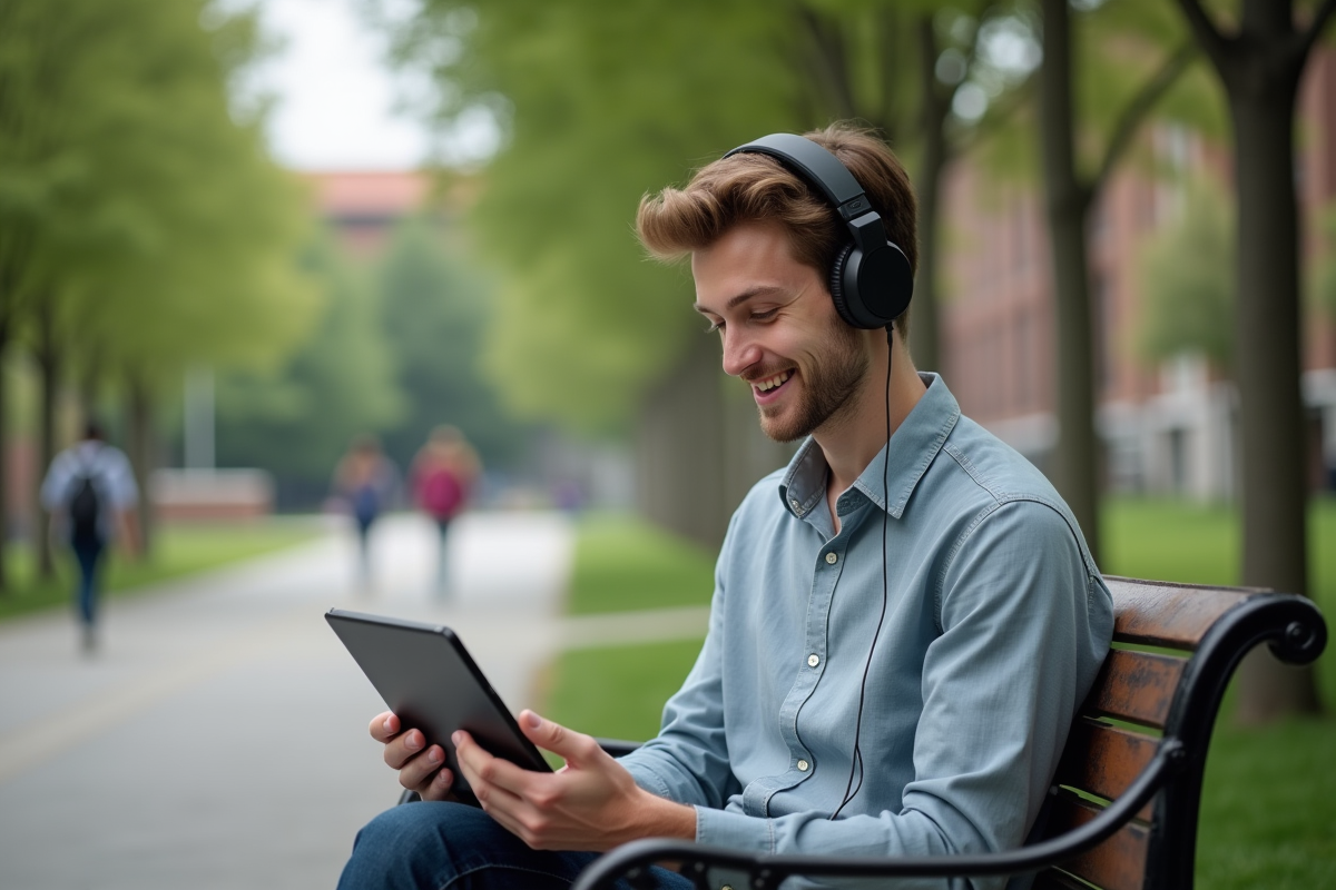 Jeune homme étudiant dans un parc avec tablette et écouteurs
