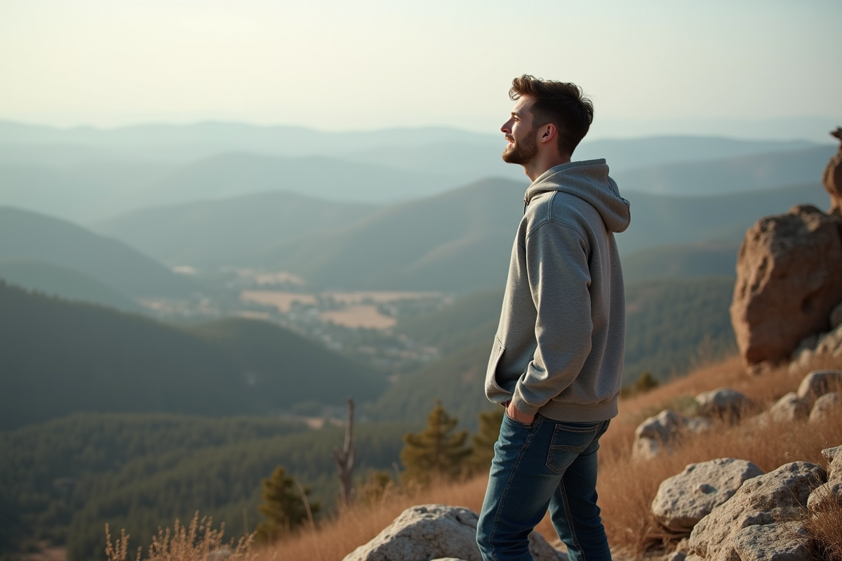 Jeune homme sur une colline avec paysage naturel