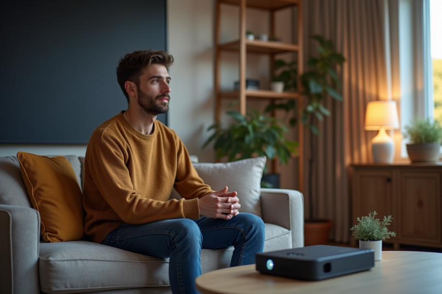 Jeune homme avec projecteur portable dans un salon cosy