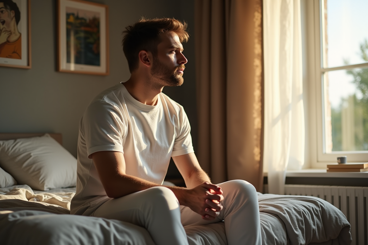 Jeune homme assis sur le lit regardant par la fenetre