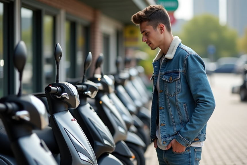 Jeune homme examine un scooter 50cc en ville