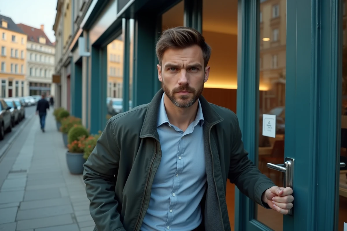 Jeune homme entrant rapidement dans une clinique dentaire urbaine