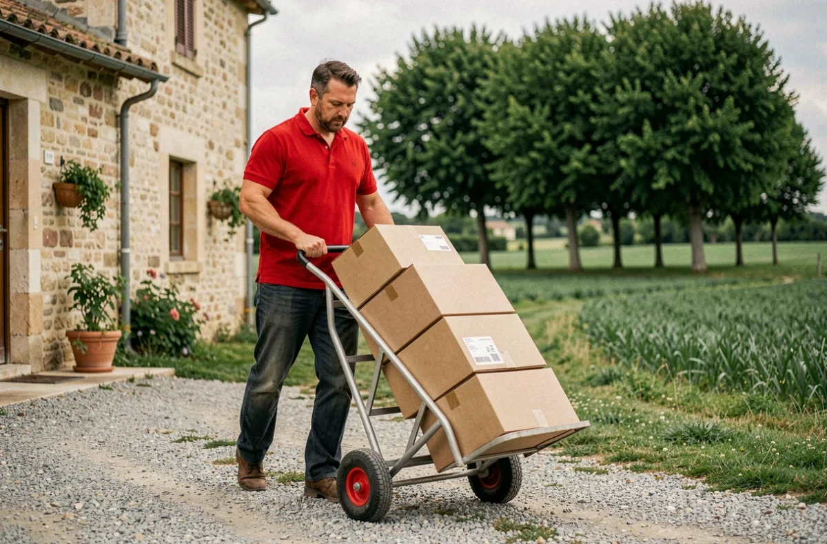 Déménageur de Joël Déménagement chargeant des cartons sur un diable dans une ferme près de Verteillac