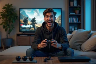 Jeune homme jouant à la console dans un salon moderne