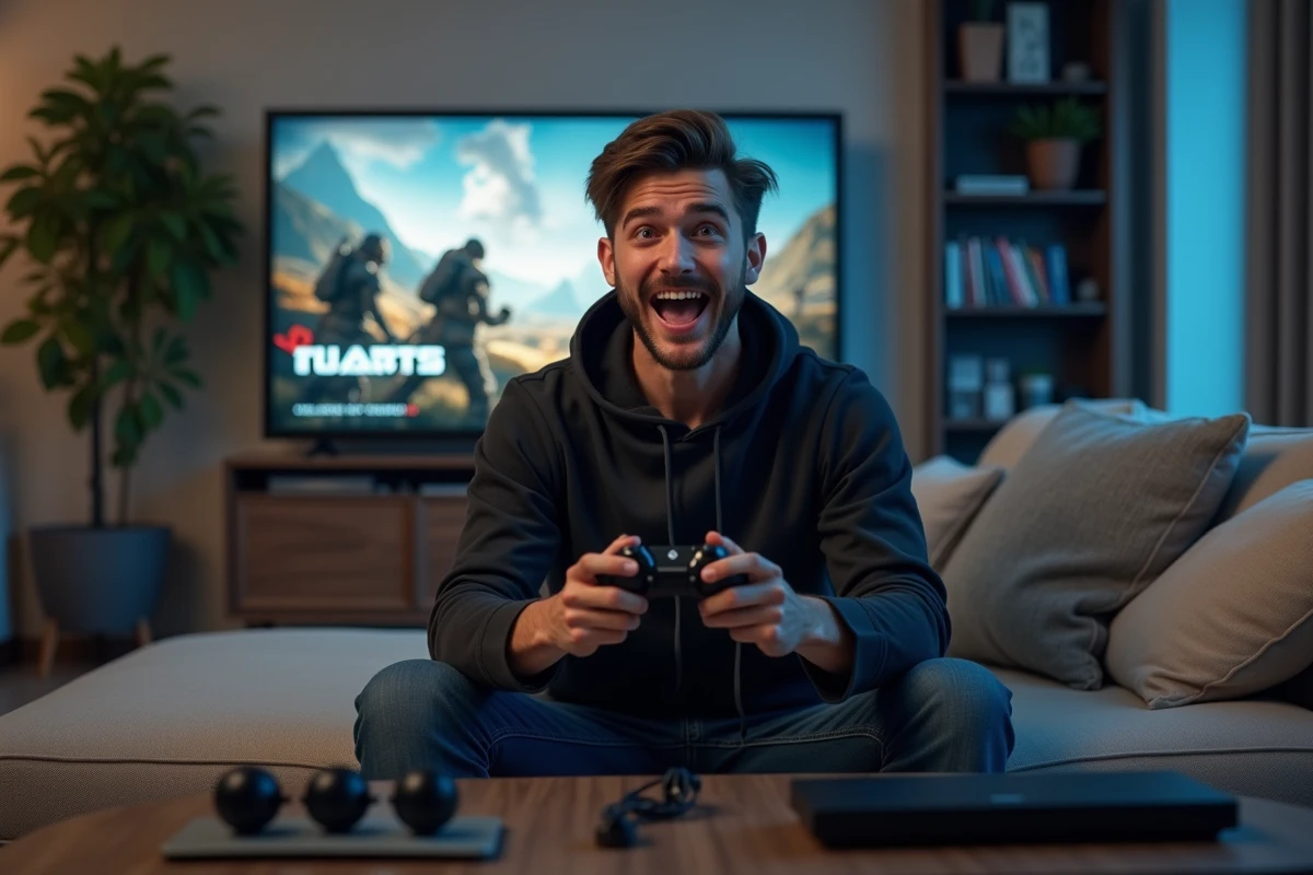 Jeune homme jouant à la console dans un salon moderne