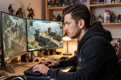 Joueur concentré sur une stratégie de défense dans un jeu de construction de ville médiévale, plan HDV 11 anti percées