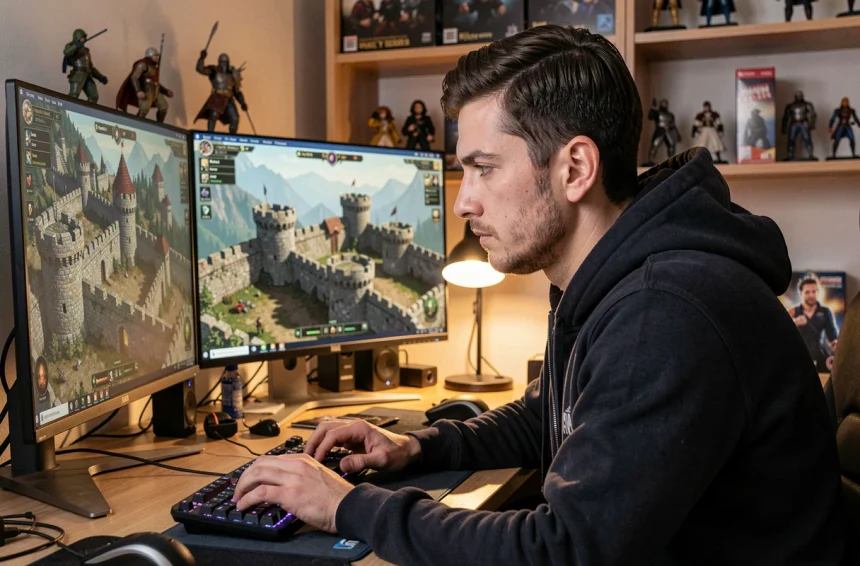 Joueur concentré sur une stratégie de défense dans un jeu de construction de ville médiévale, plan HDV 11 anti percées