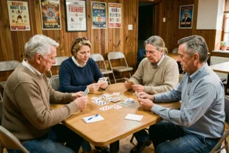 Quatre joueurs adultes en club de belote coinchée autour d'une table avec des cartes en main