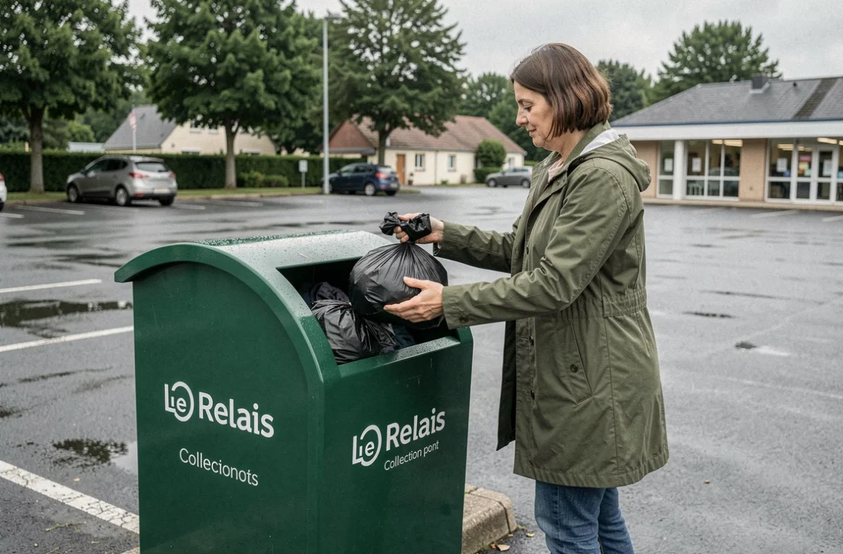 Femme déposant des vêtements dans une borne de collecte Le Relais Bretagne dans un parking