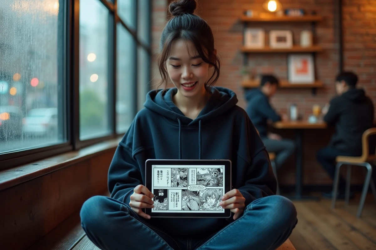 Jeune femme découvrant le scan VF de One Piece 1149 sur tablette dans un café
