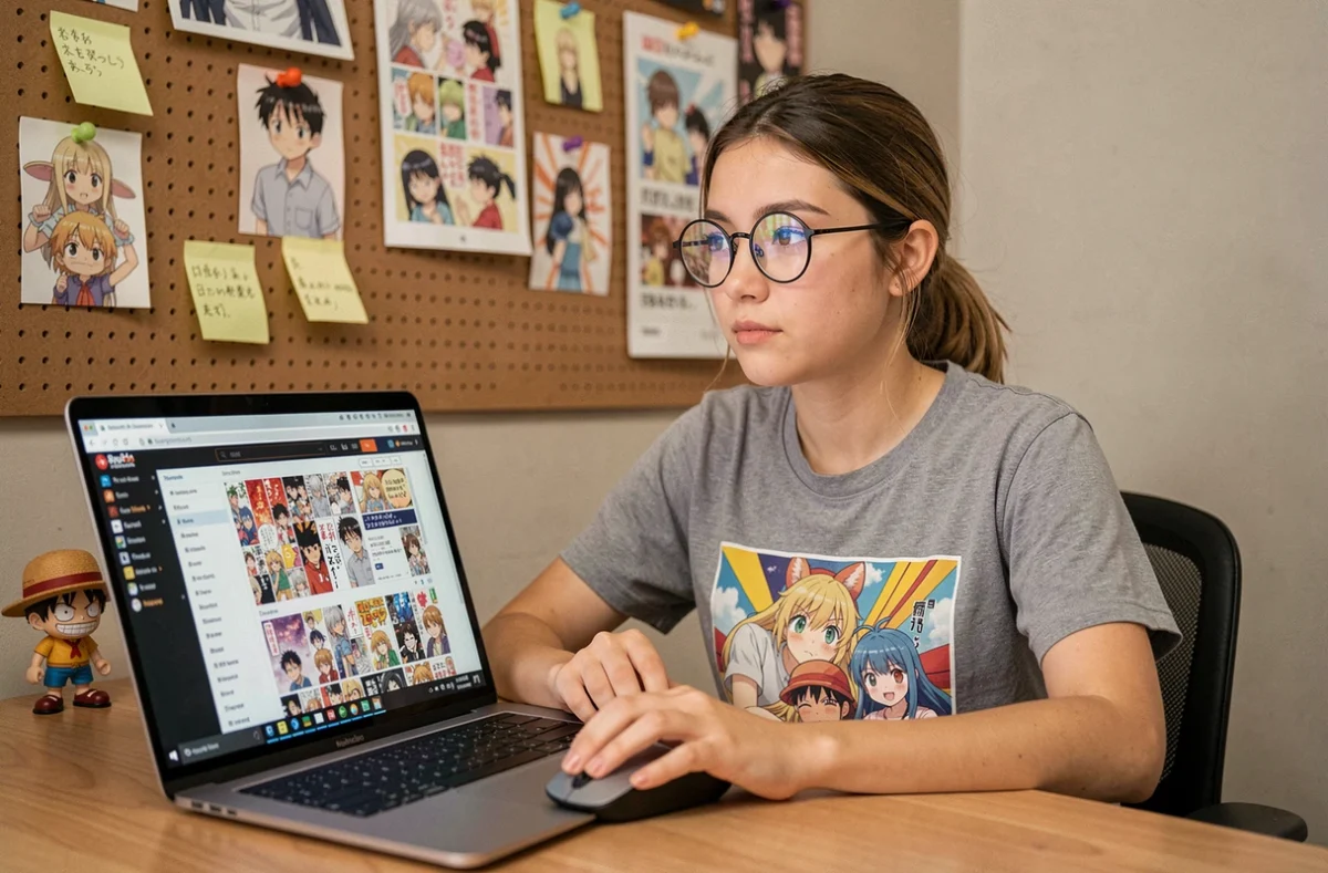 Jeune femme avec des lunettes lisant un scan de manga One Piece sur son ordinateur portable dans un bureau décoré de fanarts