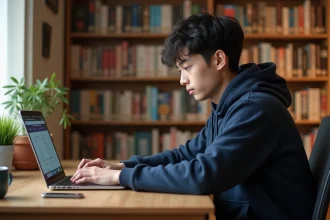 Jeune homme lisant des mangas en ligne sur un ordinateur portable dans un bureau cosy entouré de volumes manga