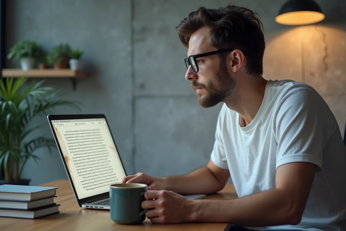 Homme adulte lisant un manga en ligne sur ordinateur portable dans un bureau minimaliste moderne avec une tasse de café