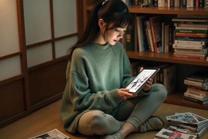 Jeune femme lisant des mangas sur une tablette via un site de lecture en ligne, assise dans un appartement au style japonais entouré de volumes manga