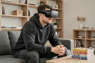 Jeune homme portant un casque VR pour lire des scans manga One Piece en version française dans un salon moderne