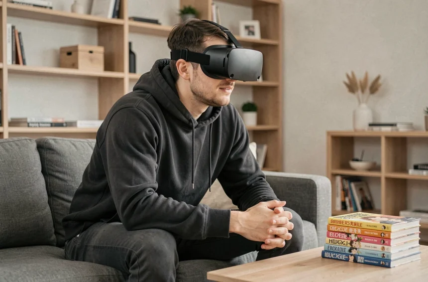 Jeune homme portant un casque VR pour lire des scans manga One Piece en version française dans un salon moderne
