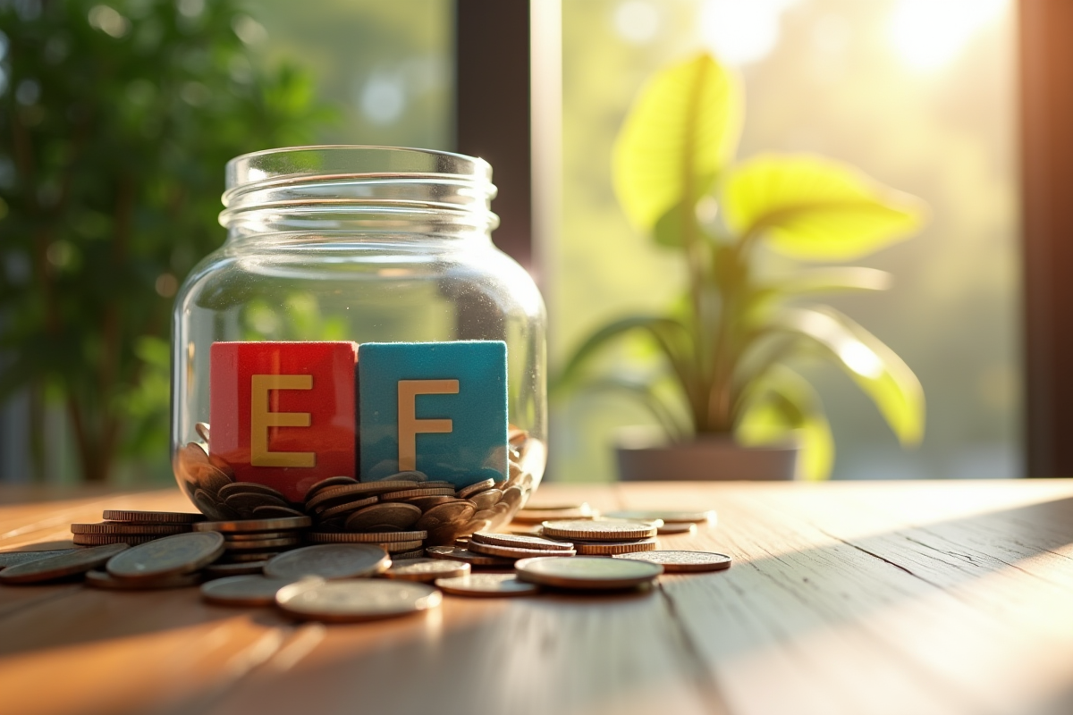 Bloc de lettres ETF colorées entouré de pièces de monnaie en lumière naturelle