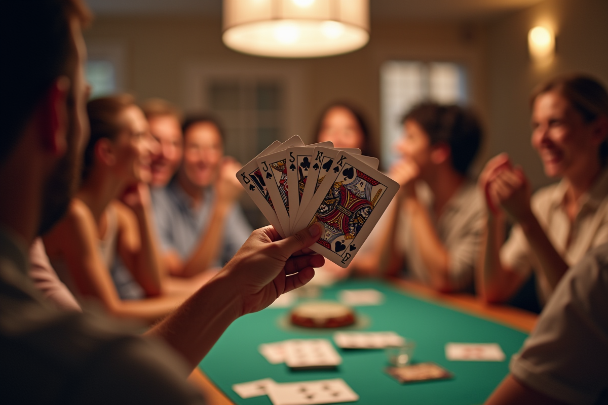 Mains tenant un jeu de cartes avec une ambiance festive