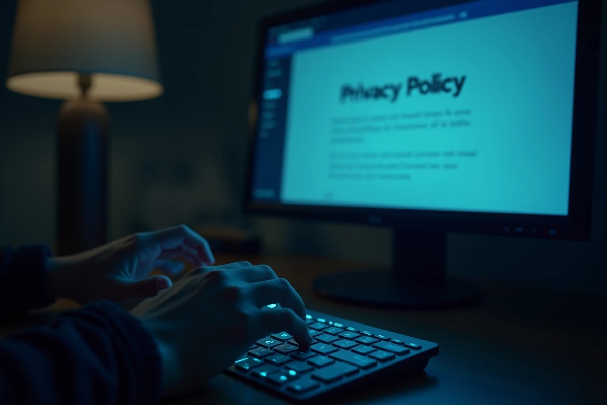 Gros plan de mains tapant sur un clavier avec une page de politique de confidentialité floue en arrière-plan