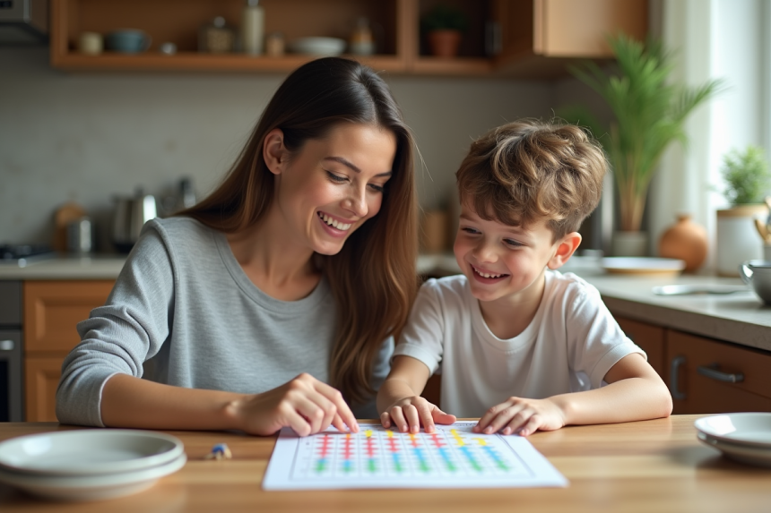 Maman et son fils de 7 ans avec sticker dans la cuisine