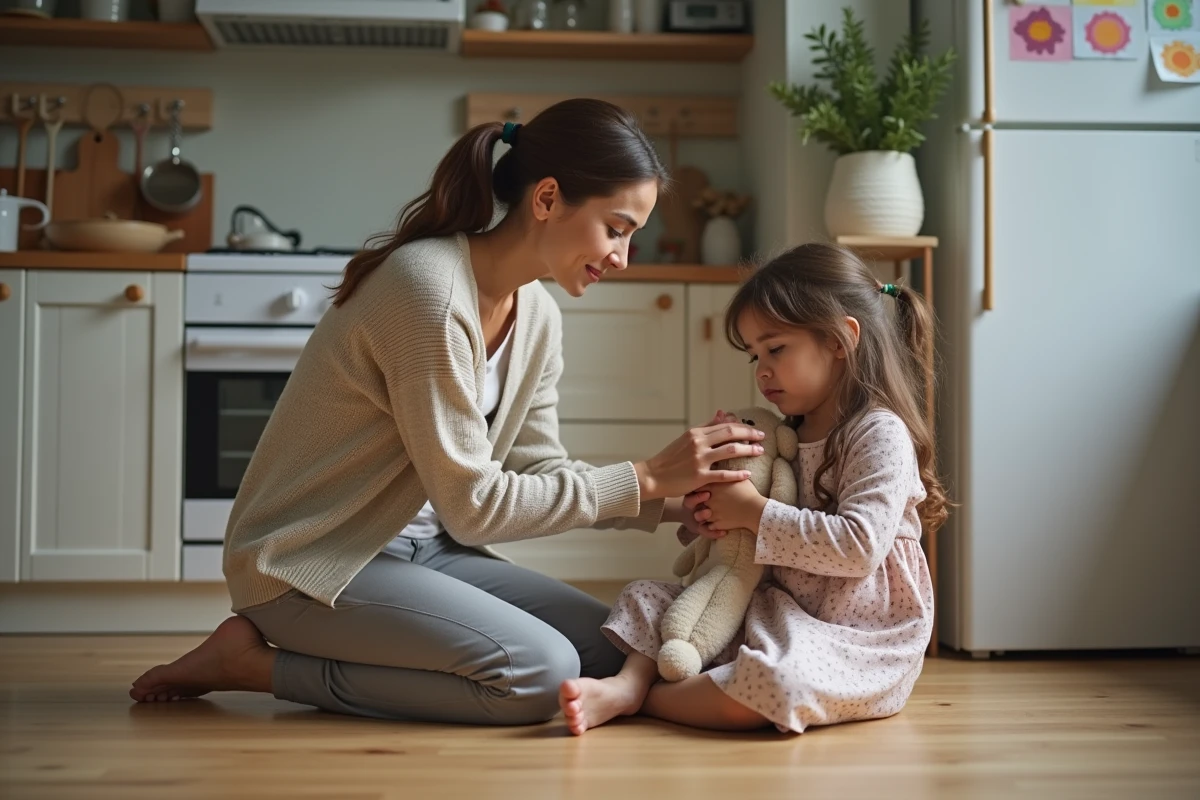 Maman attentive avec fille dans la cuisine familiale