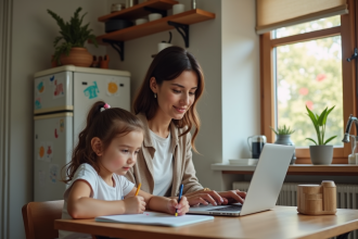Femme travaillant sur un ordinateur avec sa fille à côté