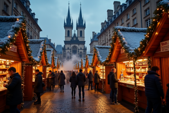 Marché de Noël animé en France avec chalets illuminés