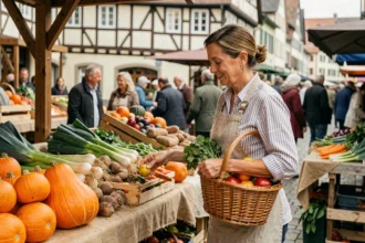 Femme alsacienne choisissant des légumes frais au marché de Strasbourg avec un panier en osier