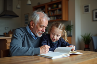 Un père et sa fille lisant ensemble à la maison