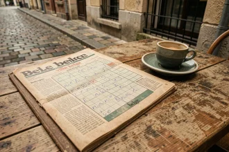 Magazine de mots croisés belge ouvert sur une table de café avec grille à compléter et tasse d'espresso