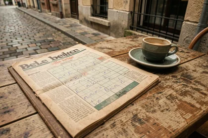 Magazine de mots croisés belge ouvert sur une table de café avec grille à compléter et tasse d'espresso