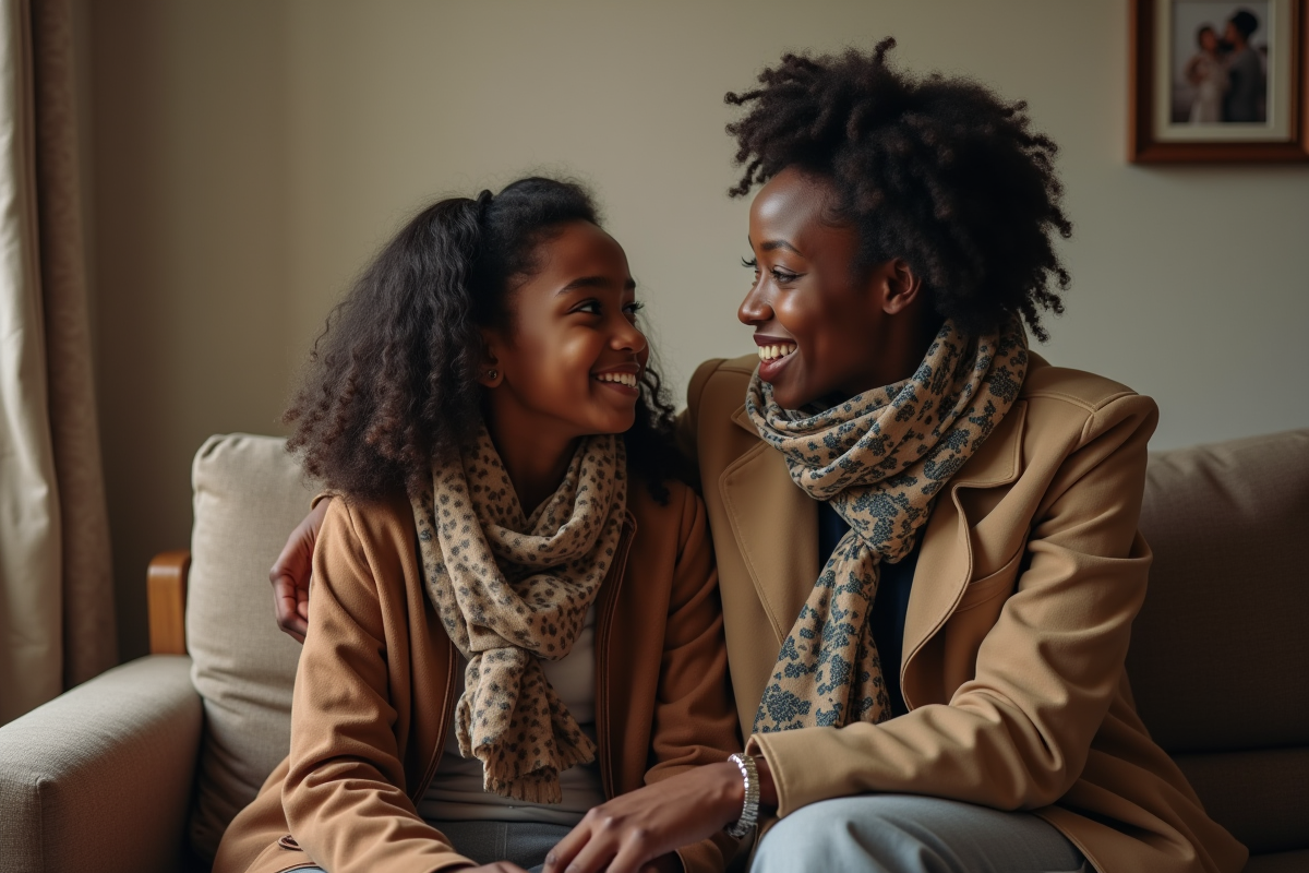 Mère et fille discutant dans un salon français modeste