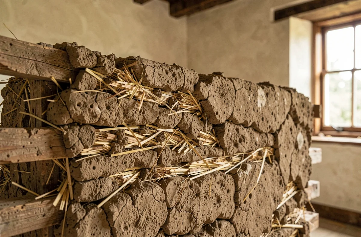 Coupe transversale d'un mur en torchis ancien révélant les couches de paille et d'argile compressées dans une construction traditionnelle normande