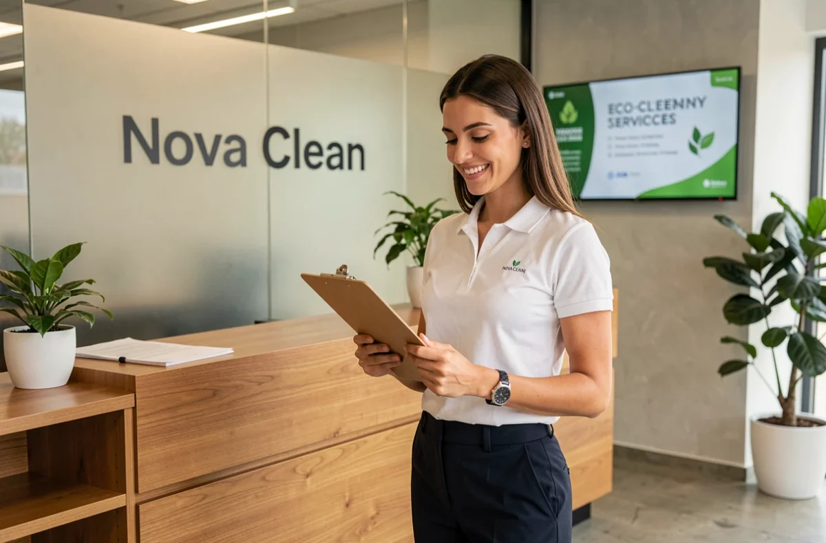 Accueil professionnel de l'entreprise Nova Clean avec une employée souriante au bureau