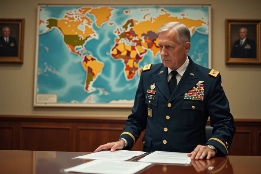 Officier militaire senior en uniforme examinant des documents de budget de défense devant une carte du monde dans une salle de conférence gouvernementale