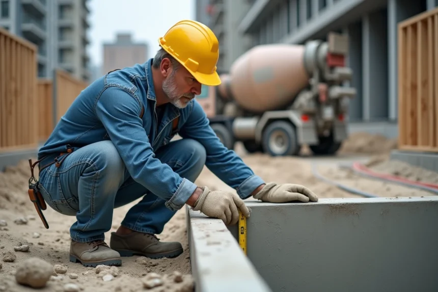 Ouvrier du bâtiment mesurant une dalle de béton fraîchement coulée sur un chantier de construction