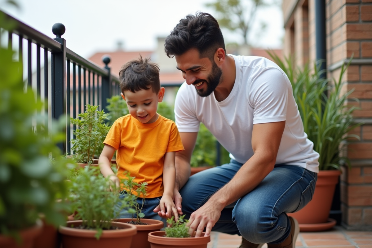 Père et fils arrangeant des pots sur un balcon en ville
