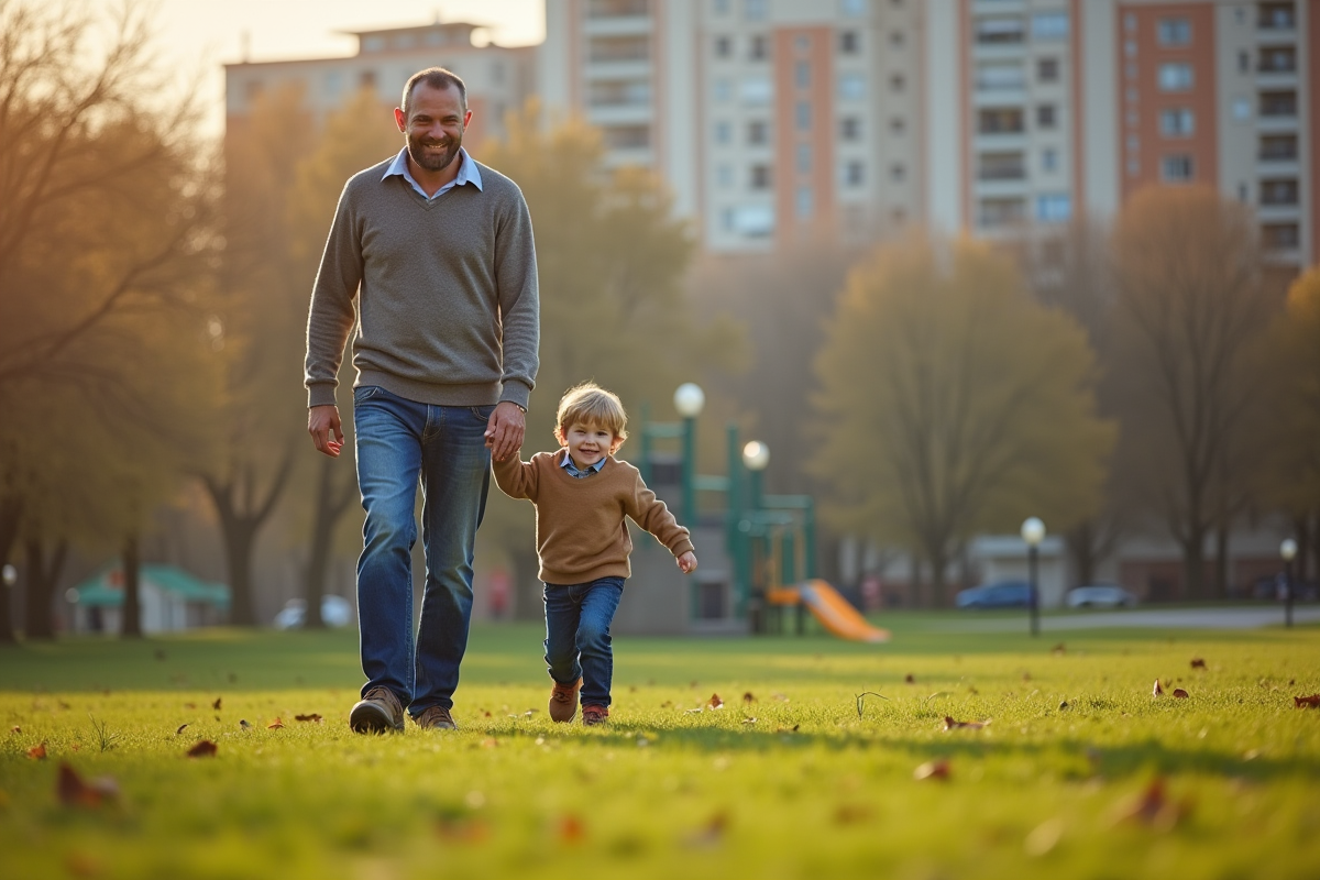 Père et fils se promenant dans un parc ensoleille