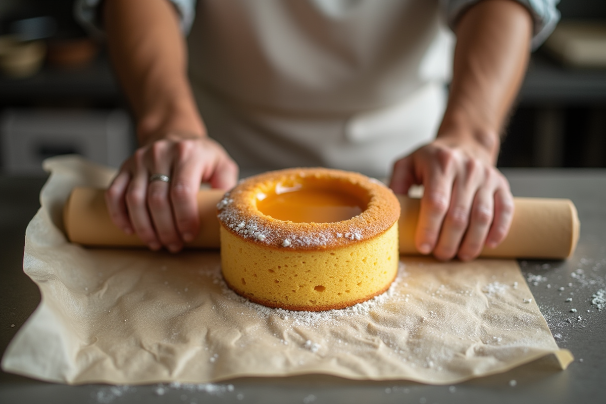 Aide à rouler un gâteau en cuisine avec mains