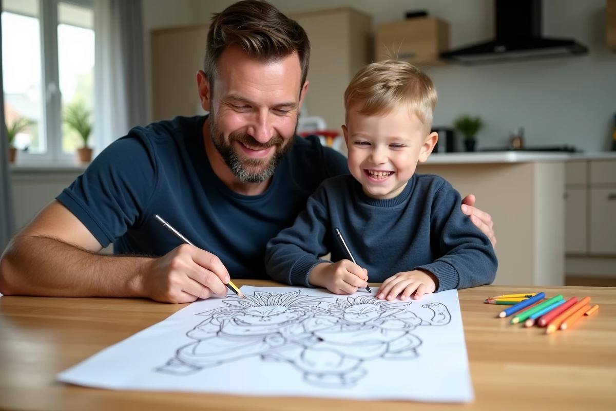 Père et fils coloriant ensemble une grande planche Dragon Ball Z avec Piccolo et Trunks