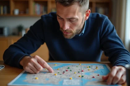Homme adulte planifiant le placement de ses navires sur une grille de bataille navale posée sur une table en bois