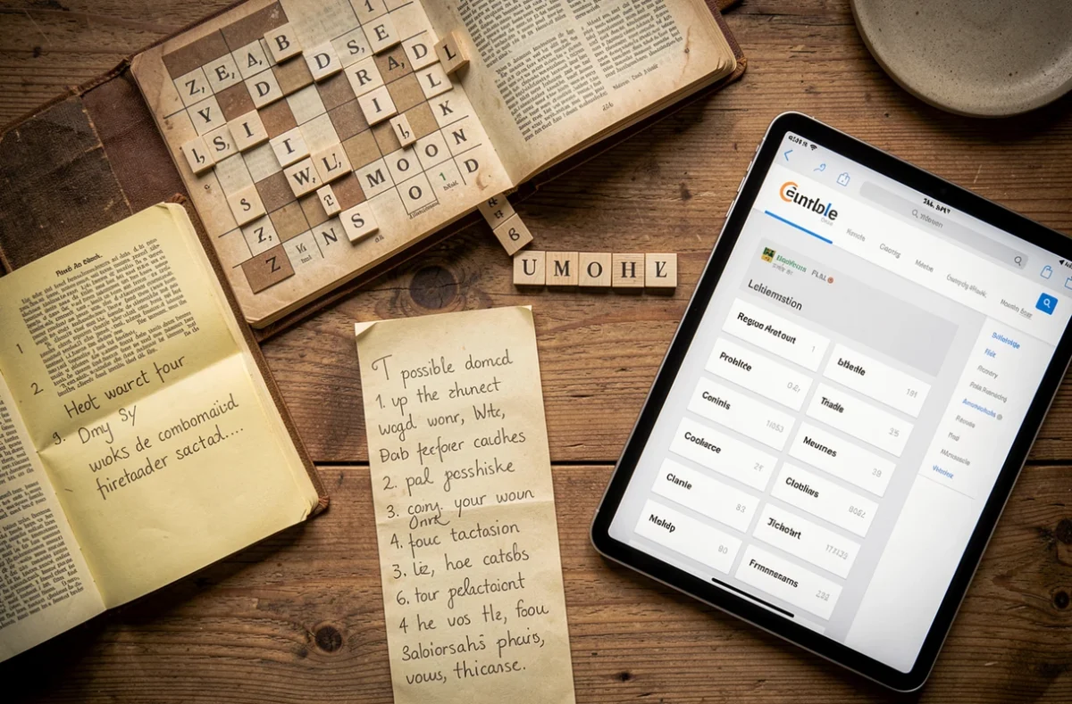 Vue en plongée d'un plateau de Scrabble, dictionnaire et tablette affichant un solver de mots pour trouver des solutions
