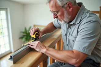 Homme mesurant un barreau aluminium sur une rampe d'escalier en bois avec un mètre ruban