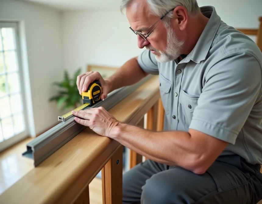 Homme mesurant un barreau aluminium sur une rampe d'escalier en bois avec un mètre ruban