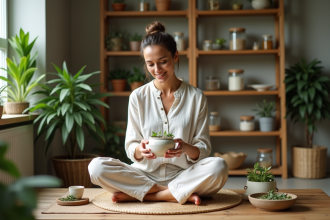 Femme préparant du thé aux herbes dans une cuisine lumineuse