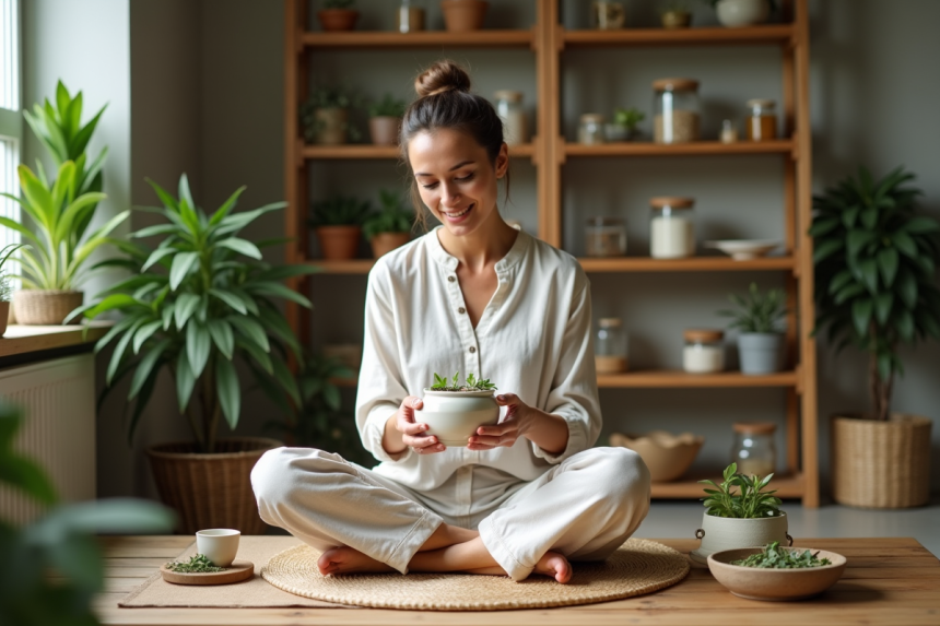 Femme préparant du thé aux herbes dans une cuisine lumineuse
