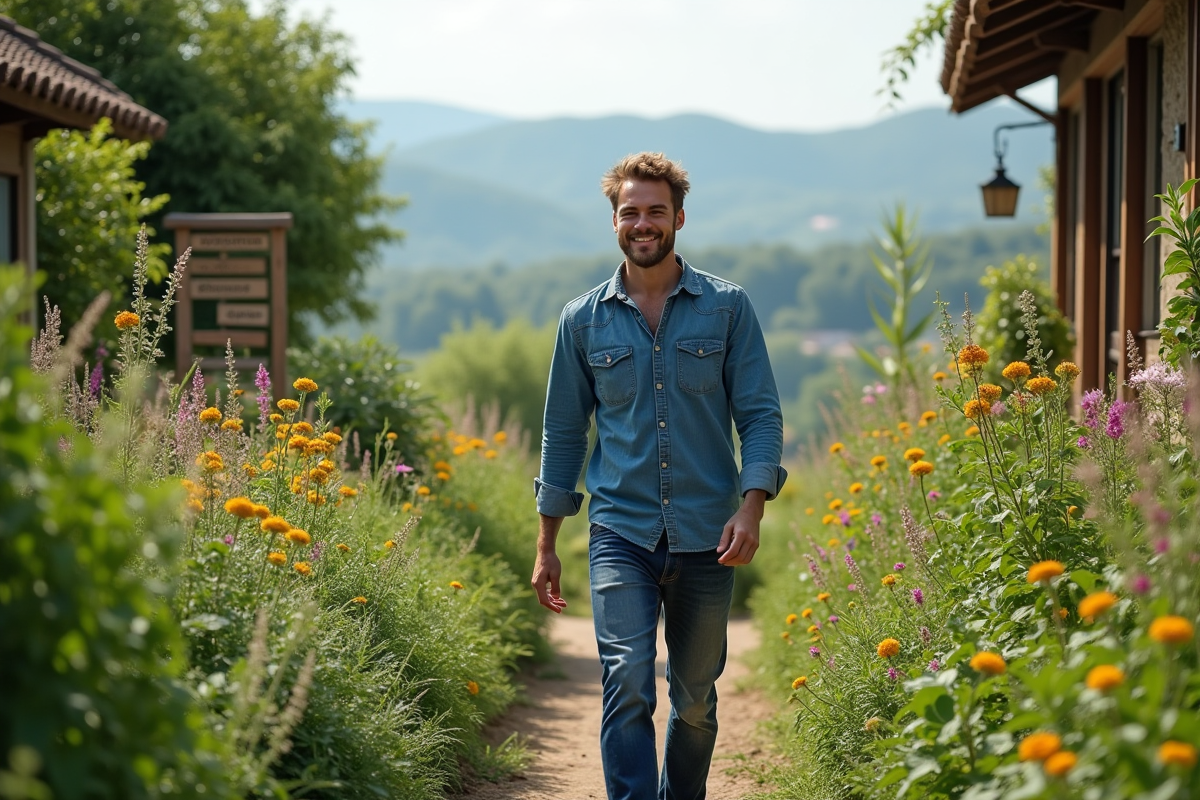 Jeune homme marchant dans un jardin de plantes médicinales
