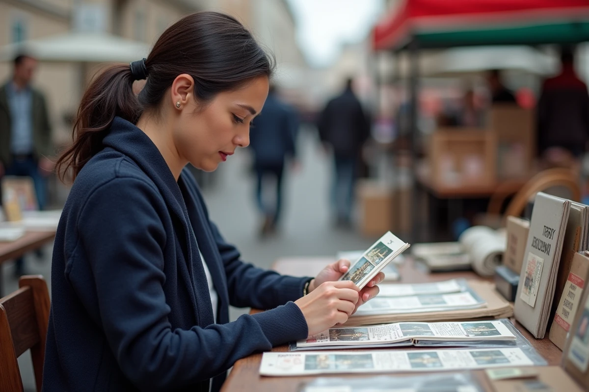 Femme inspectant une carte téléphonique cabine dans un album de collection sur un marché aux puces